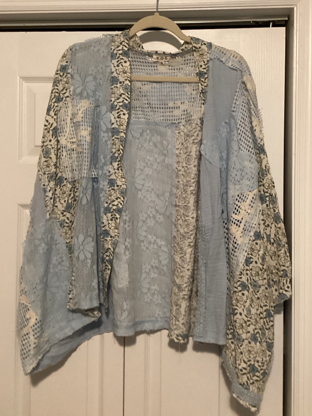 POL Light Blue Floral Patchwork Lace Kimono Cardigan